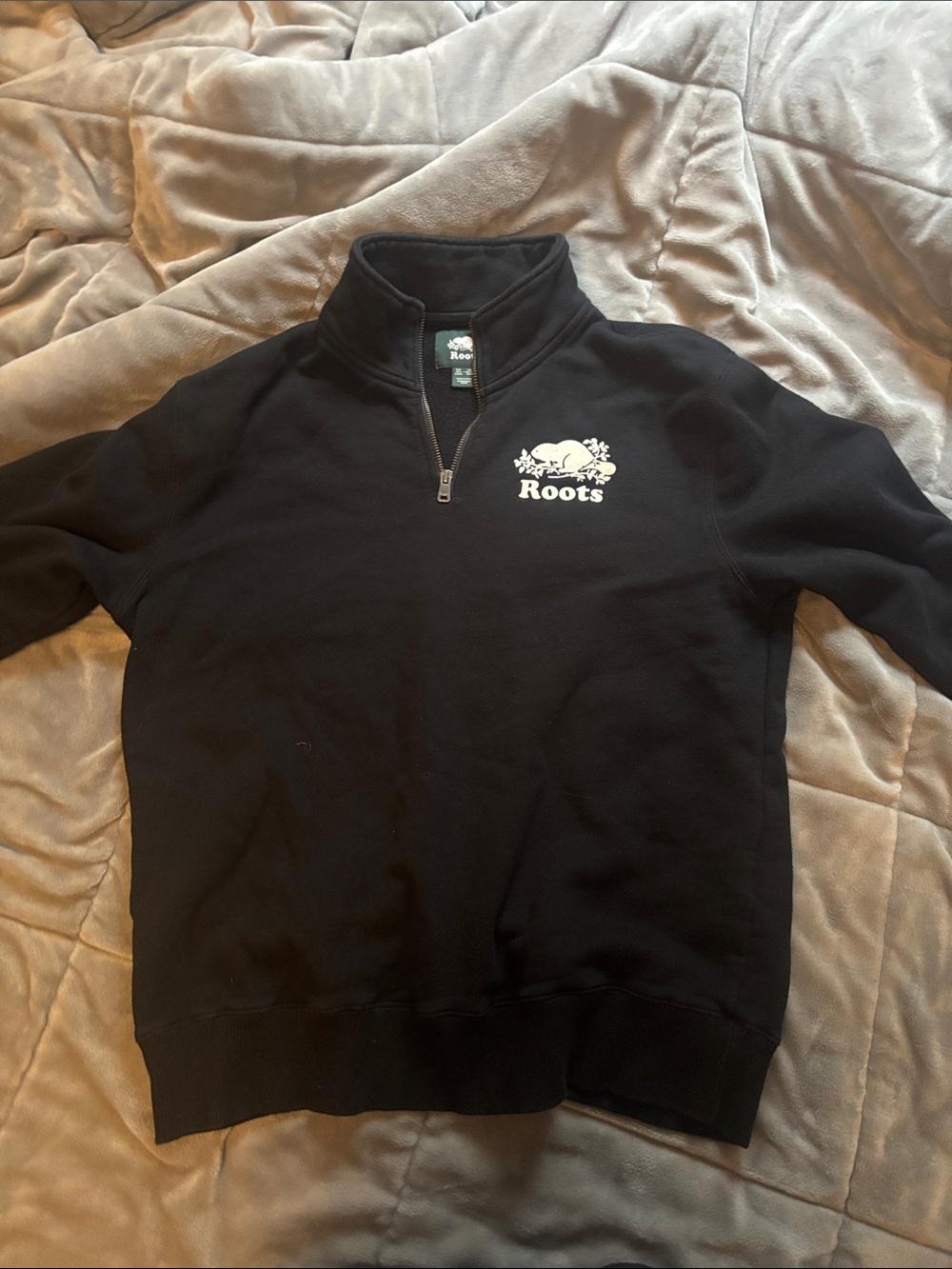 Roots Men's Black Half-Zip Sweatshirt with White Logo